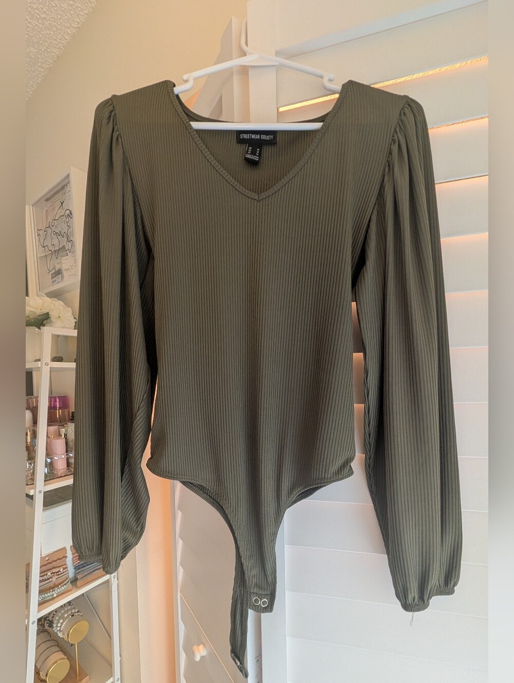 Olive Ribbed V-Neck Long Sleeve Puff Bodysuit